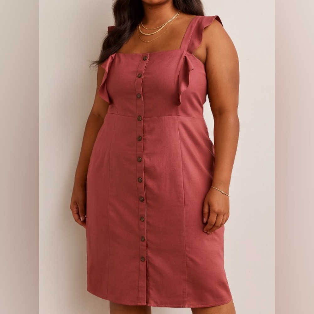 HUTCH Ruffle Sheath Button Front Mauve Midi Dress Size L